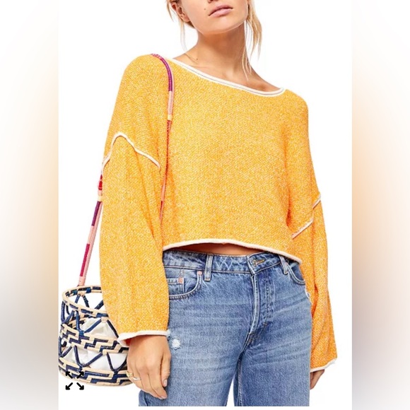 Free People Bardot Cropped Orange Textured Knit Boat Neck Long Sleeve Sweater XS - Picture 2 of 10